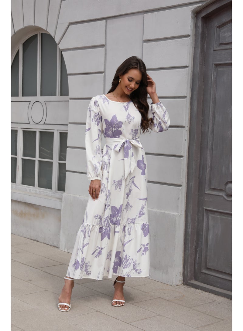 Maxi Dresses for Curvy Women Casual 3/4 Sleeve Crewneck Floor Length Floral Print Dress with Belt - Image 2